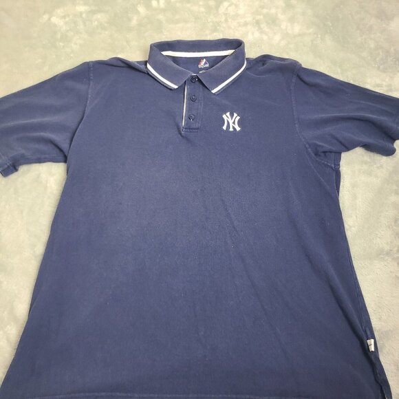 New York Yankees Polo Shirt Mens‎ X-Large Blue Short Sleeve Majestic Cotton - Picture 1 of 9
